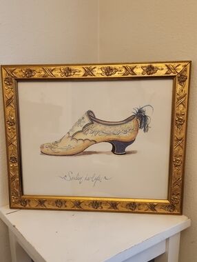 ♤ Large Gold Framed Ornate Yellow and Blue Decorative Shoe Art Print